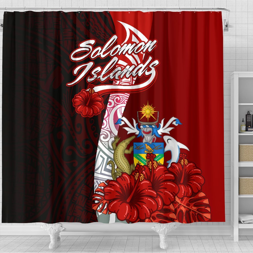 Solomon Islands Polynesian Shower Curtain - Coat Of Arm With Hibiscus - Polynesian Pride