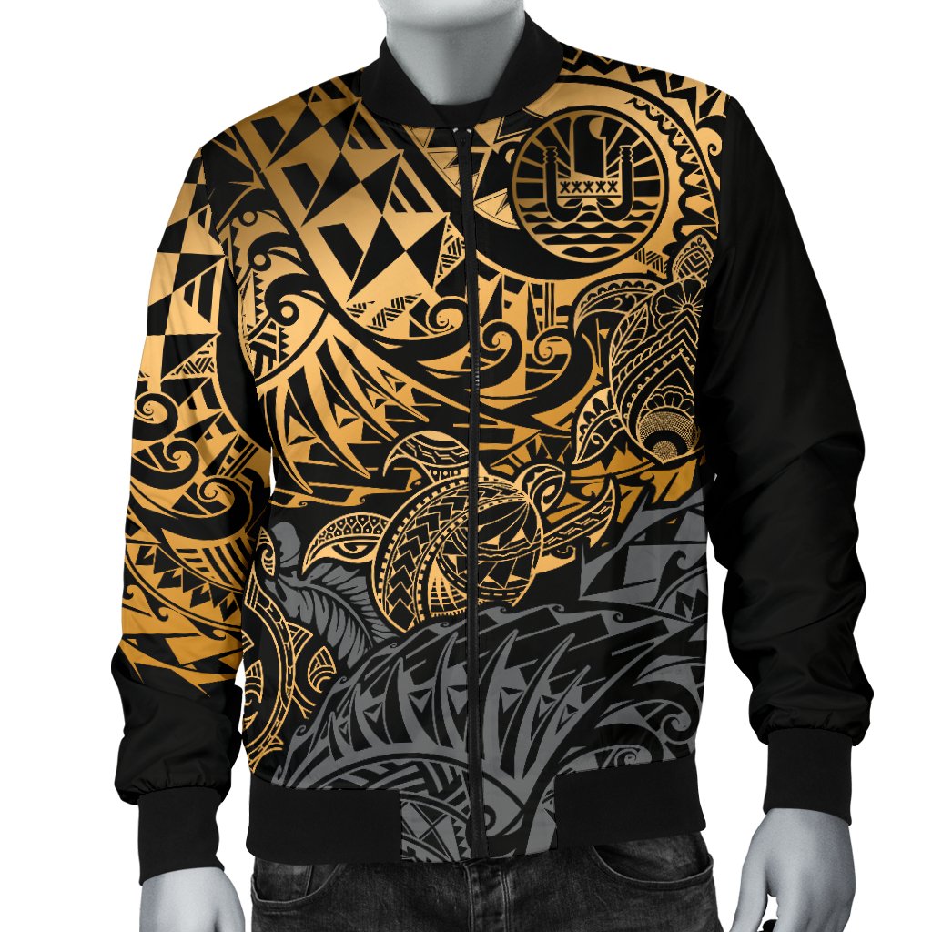 Tahiti Polynesian Men Bomber Jacket - Gold Turtle Hibiscus Flowing GOLD - Polynesian Pride