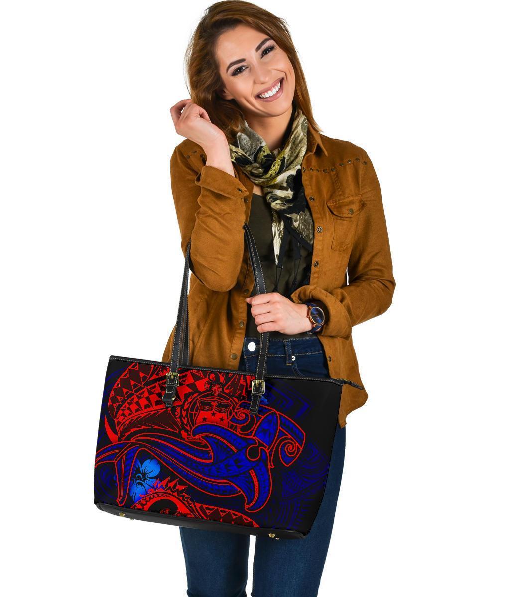Samoa Leather Tote Bag - Blue Shark Polynesian Tattoo - Polynesian Pride