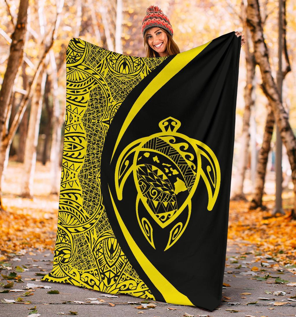 Hawaii Turtle Map Polynesian Premium Blanket - Yellow - Circle Style - Polynesian Pride