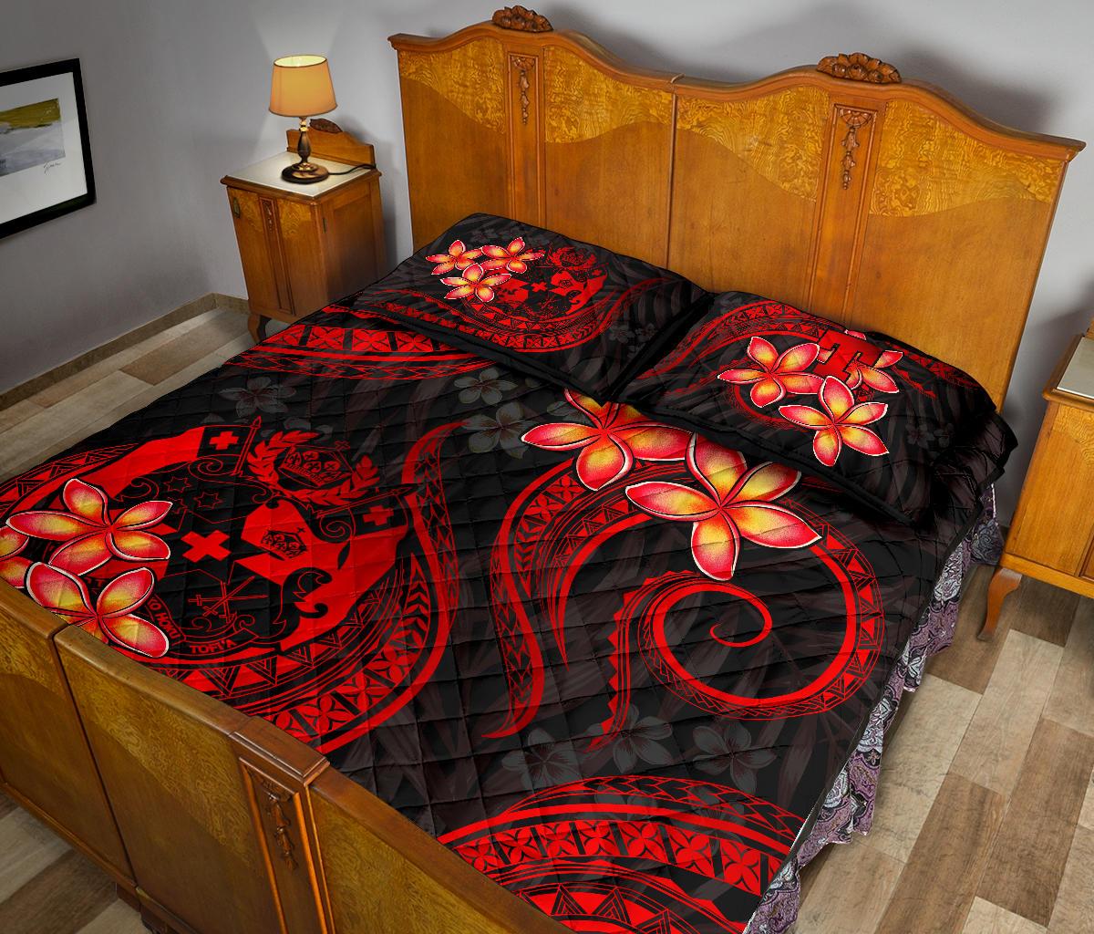 Tonga Polynesian Quilt Bed Set - Red Plumeria - Polynesian Pride