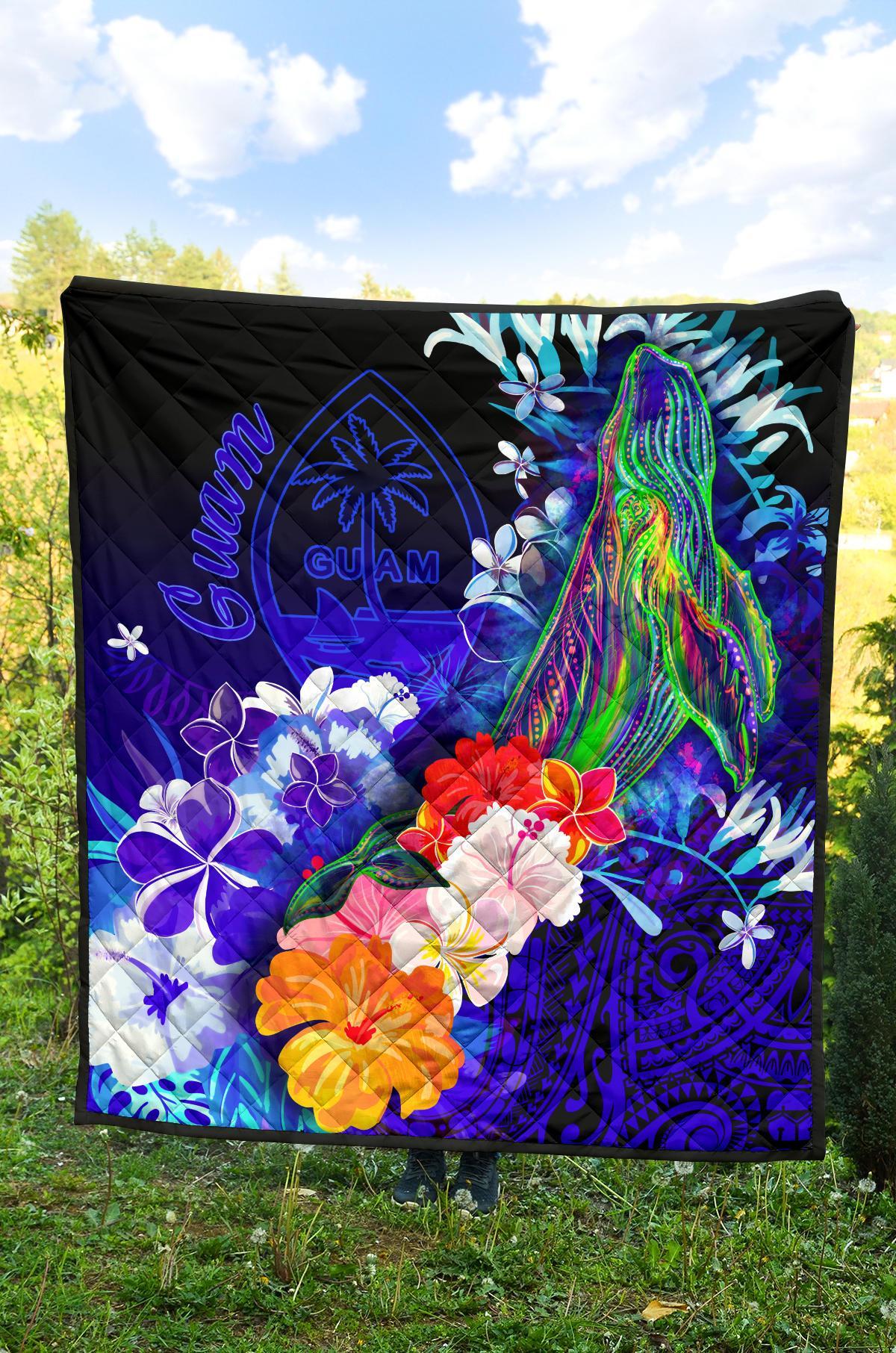 Guam Premium Quilt - Humpback Whale with Tropical Flowers (Blue) - Polynesian Pride