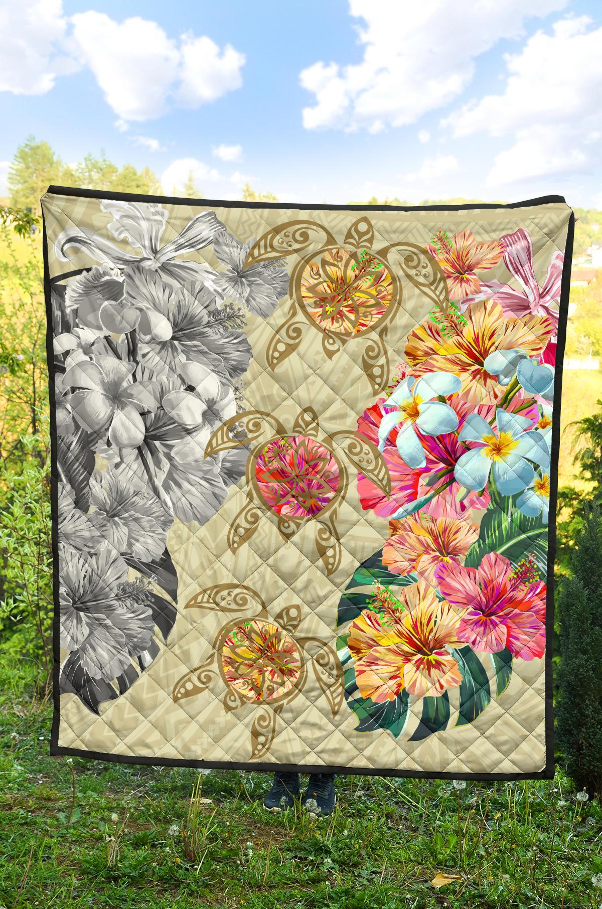 Hawaii Polynesian Flowers Swimming Turtles Premium Quilt - Polynesian Pride
