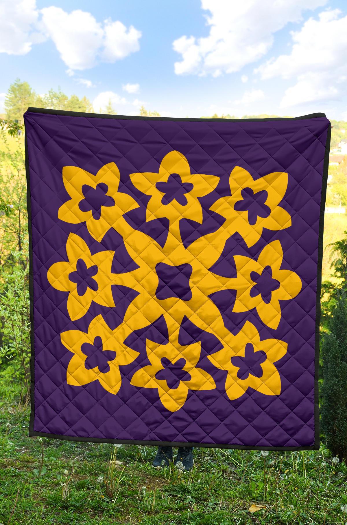 Hawaiian Premium Quilt Royal Pattern - Purple And Gold - A1 Style - Polynesian Pride