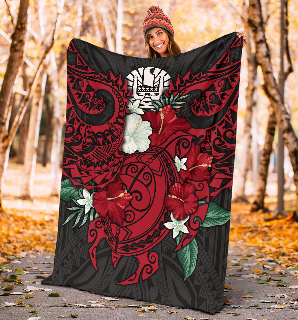 Tahiti Polynesian Premium Blanket - Hibiscus and Sea Turtle (Red) - Polynesian Pride