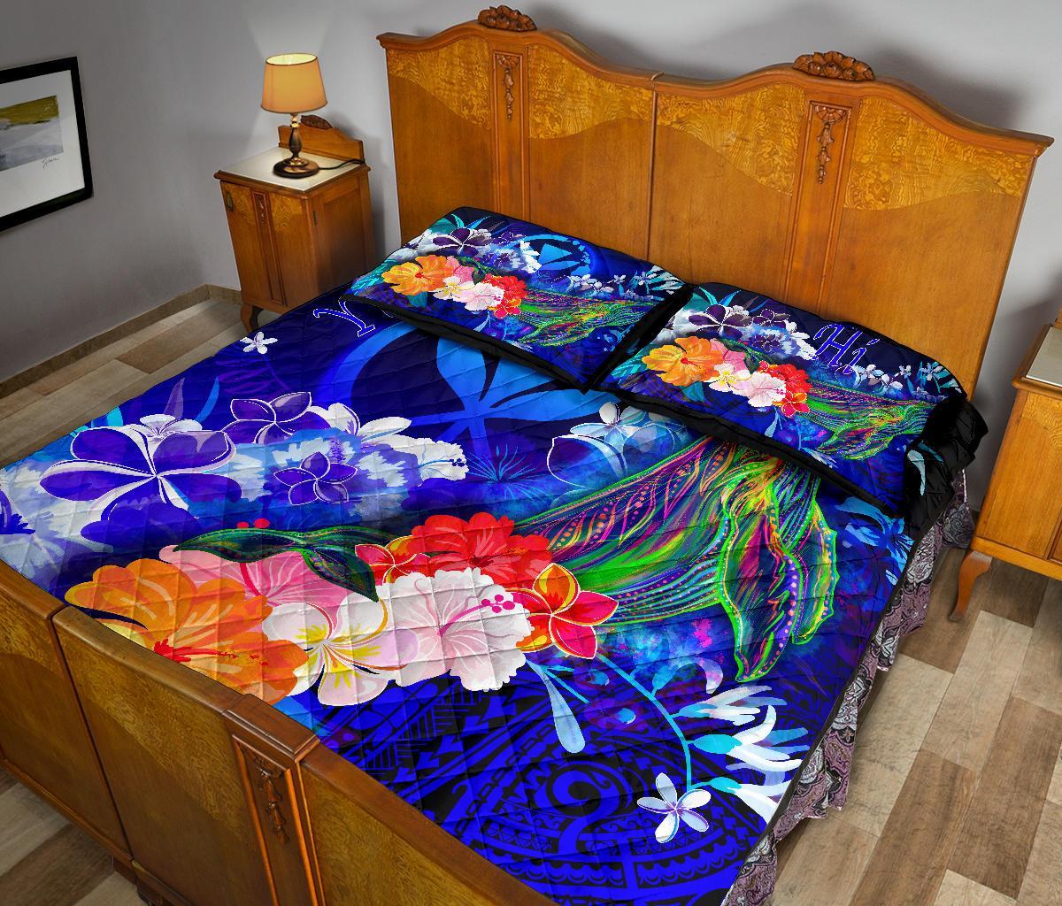 Polynesian Hawaii Custom Personalised Premium Quilt Bed Set - Kanaka Maoli Humpback Whale with Tropical Flowers (Blue) - Polynesian Pride