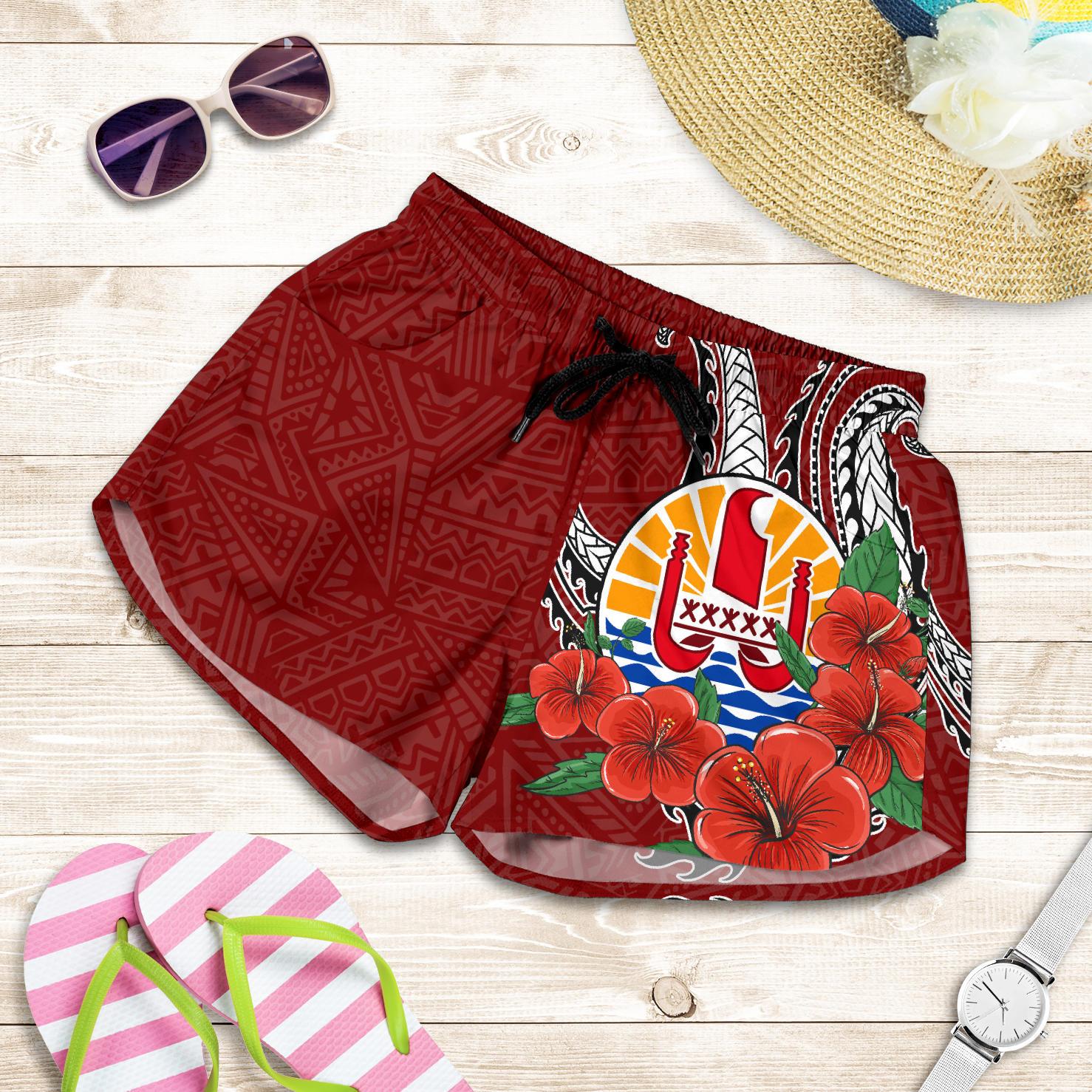 Tahiti Polynesian Women Shorts - Hibiscus Coat of Arm Red Women RED - Polynesian Pride