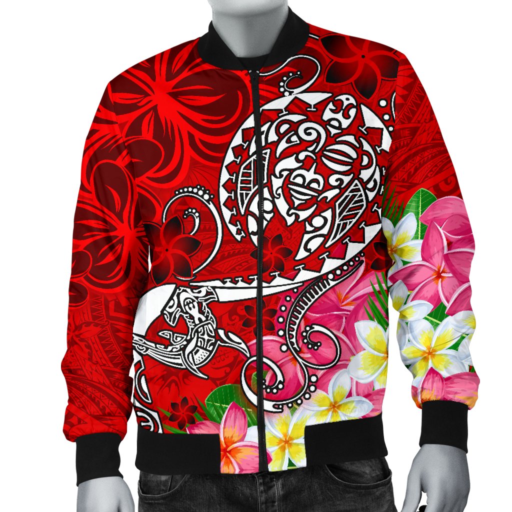 Polynesian Men's Bomber Jacket - Turtle Plumeria Red Color - Polynesian Pride