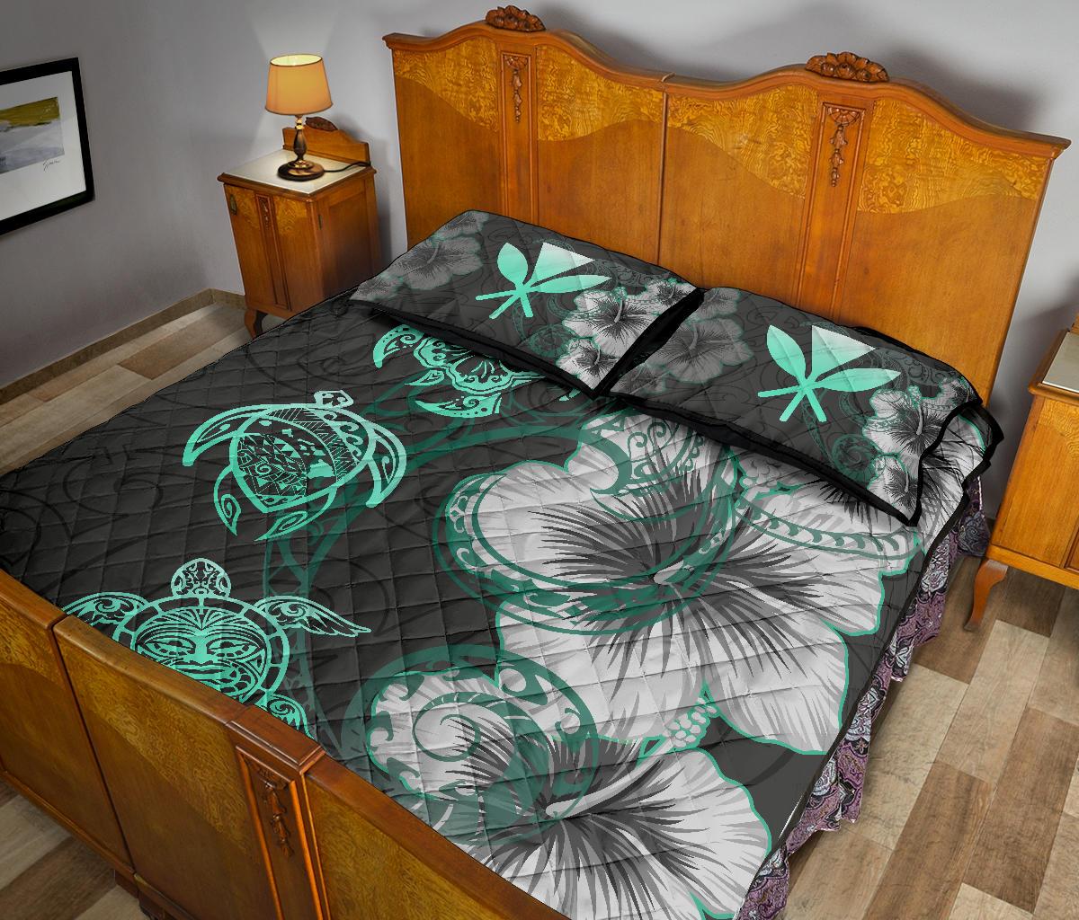 Hawaii Map Turtle Hibiscus Polynesian Green - Quilt Bed Set AH - Polynesian Pride