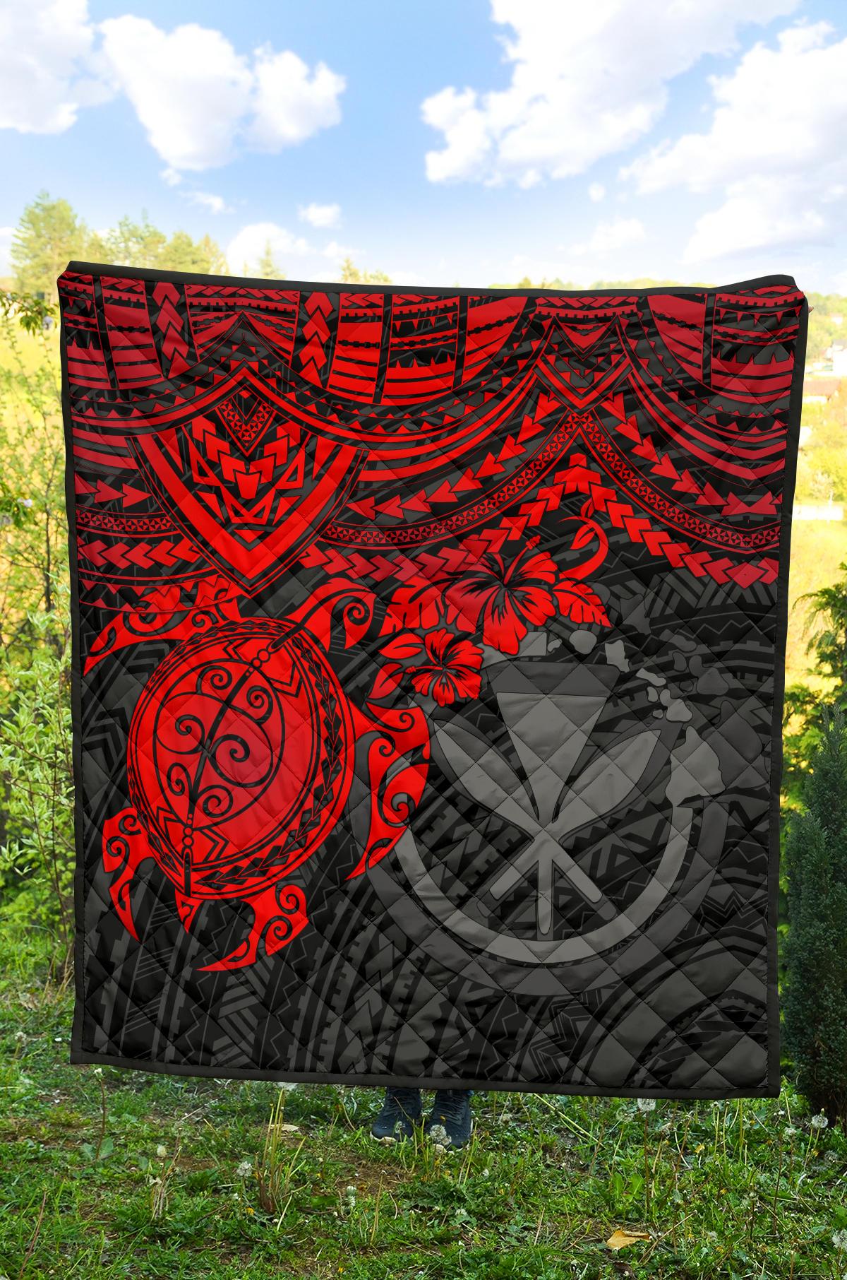 Hawaii Polynesian Premium Quilt - Kanaka Maoli & Red Turtle Hibiscus - Polynesian Pride