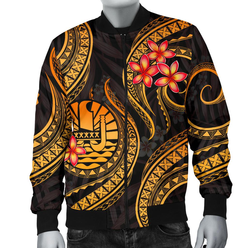 Tahiti Polynesian Men Bomber Jacket - Gold Plumeria - Polynesian Pride