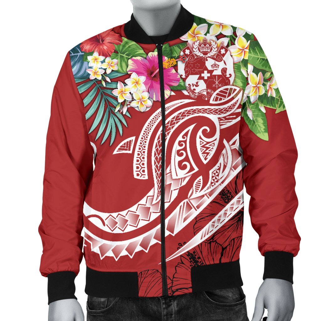 Tonga Polynesian Men's Bomber Jacket - Summer Plumeria (Red) - Polynesian Pride