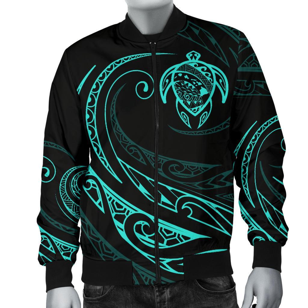 Hawaii Turtle Map Polynesian Men's Bomber Jacket - Turquoise - Frida Style - Polynesian Pride