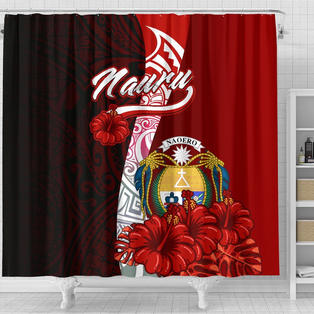 Nauru Polynesian Shower Curtain - Coat Of Arm With Hibiscus - Polynesian Pride