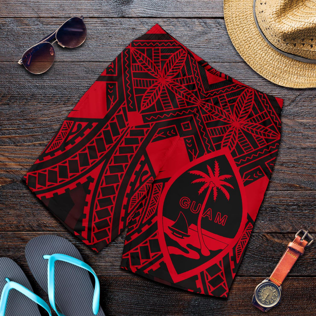 Guam Polynesian Men's Short - Red Guam Coat Of Arms Polynesian Tattoo - Polynesian Pride