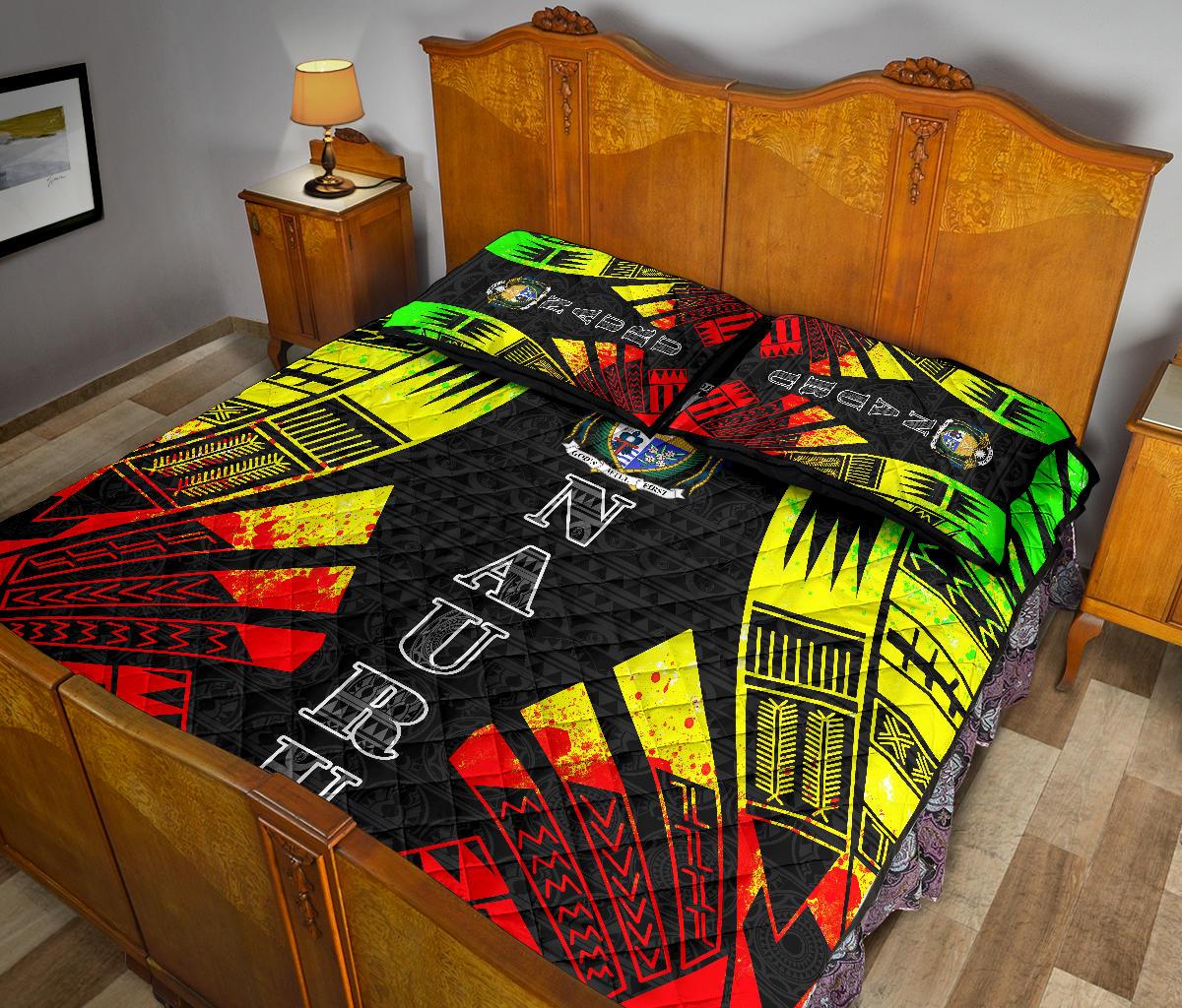Nauru Quilt Bed Set - Nauru Coat Of Arms & Polynesian Reggae Tattoo Style - Polynesian Pride