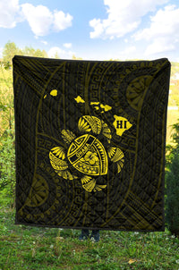 Hawaii Turtle Hibicus Map Premium Quilt - Yellow - Polynesian Pride
