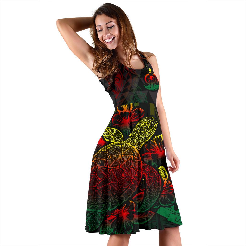 Vanuatu Polynesian Midi Dress - Turtle Hibiscus Reggae - Polynesian Pride