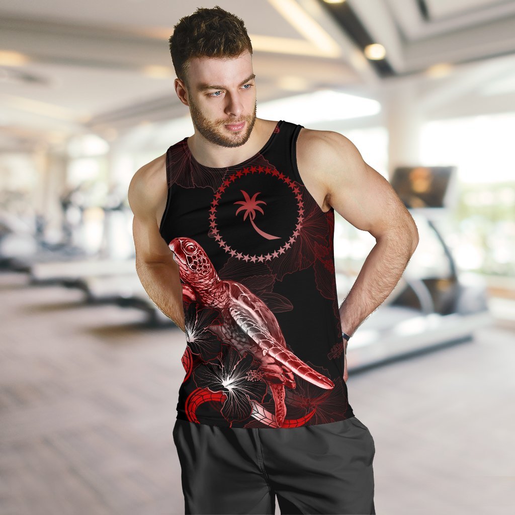 Chuuk Men Tank Top - Turtle With Blooming Hibiscus Red - Polynesian Pride