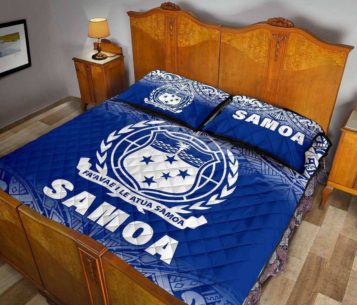 Samoa Quilt Bed Set - Samoa Coat Of Arms Polynesian Tattoo Blue Fog White Version - Polynesian Pride