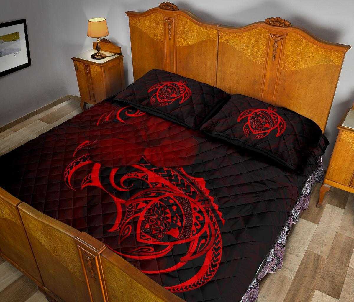 Hawaii Map Turtle Hibiscus Divise Red Polynesian Quilt Bed Set - Polynesian Pride