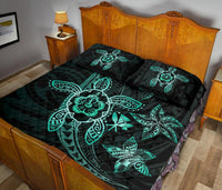 Kanaka Map Hibiscus Plumeria Turtle Art Turquoise Polynesian Quilt Bed Set - Polynesian Pride