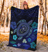 Hawaiian Blue Ocean Honu And Flowers Premium Blanket - Polynesian Pride