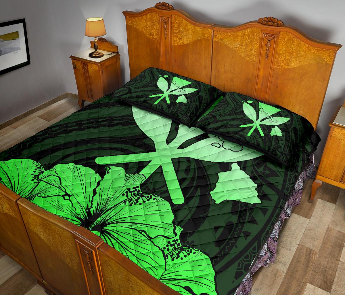 Hawaiian Kanaka Quilt Bed Set Hibiscus Polynesian Love Green - Polynesian Pride