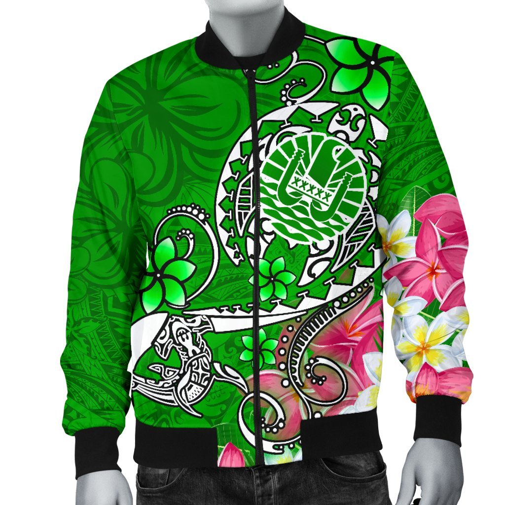Tahiti Men's Bomber Jacket - Turtle Plumeria (Green) - Polynesian Pride