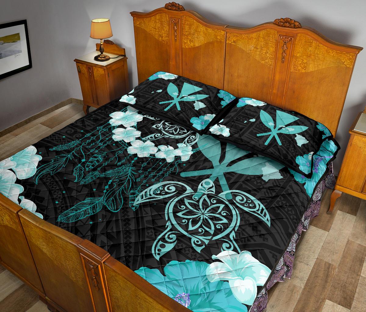 Hawaii Dream Catcher Hibiscus Plumeria Polynesian Turquoise - Quilt Bed Set AH - Polynesian Pride