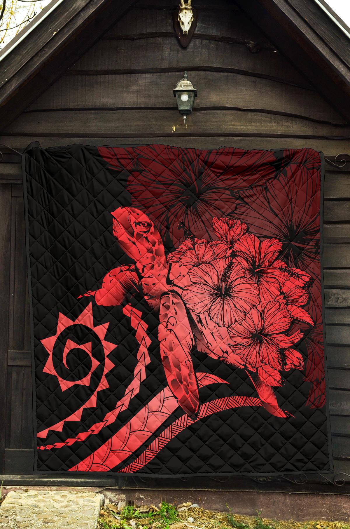 Hawaii Turtle Hibiscus Polynesian Vintage Premium Quilt - Blue - Polynesian Pride