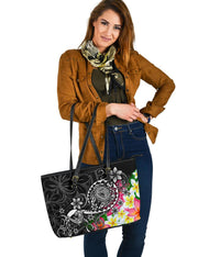 American Samoa Polynesian Large Leather Tote Bag - Turtle Plumeria (Black) - Polynesian Pride