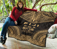 Fiji Premium Quilt - Fiji Coat Of Arms Polynesian Chief Gold Version - Polynesian Pride