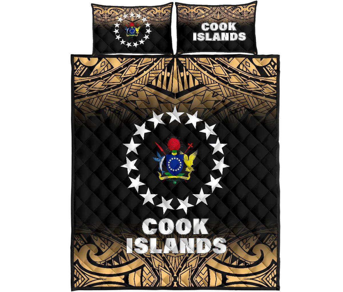 Cook Islands Quilt Bed Set - Cook Islands Flag Coat Of Arms Polynesian Tattoo Black Fog Style Yellow - Polynesian Pride