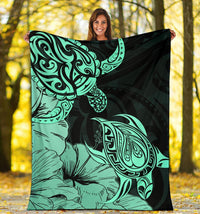 Hawaii Turtle Premium Blanket Polynesian Hibiscus Art Turquoise AH - Polynesian Pride