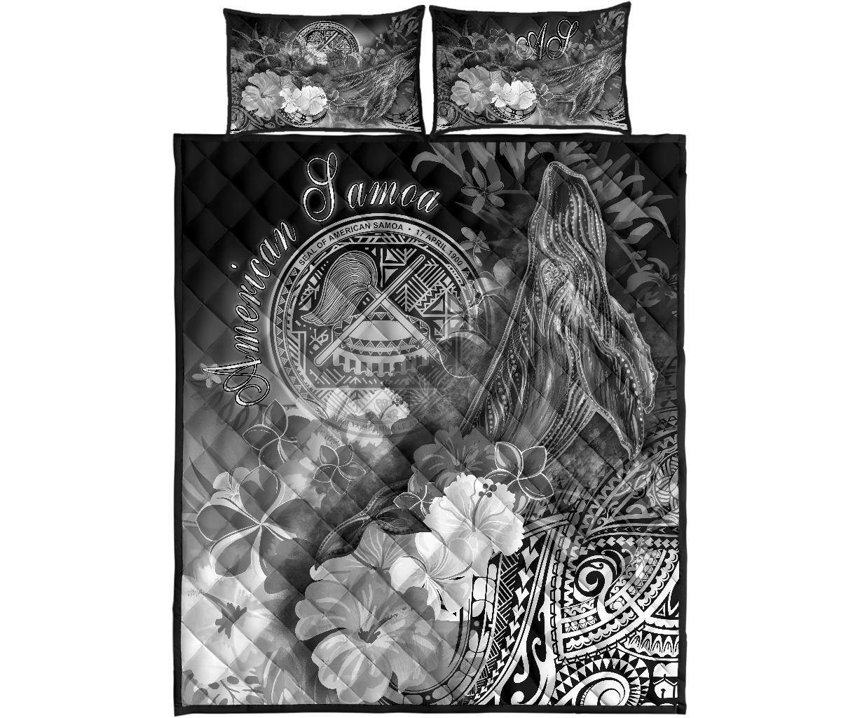 American Samoa Polynesian Quilt Bed Set - Humpback Whale with Tropical Flowers (White) - Polynesian Pride