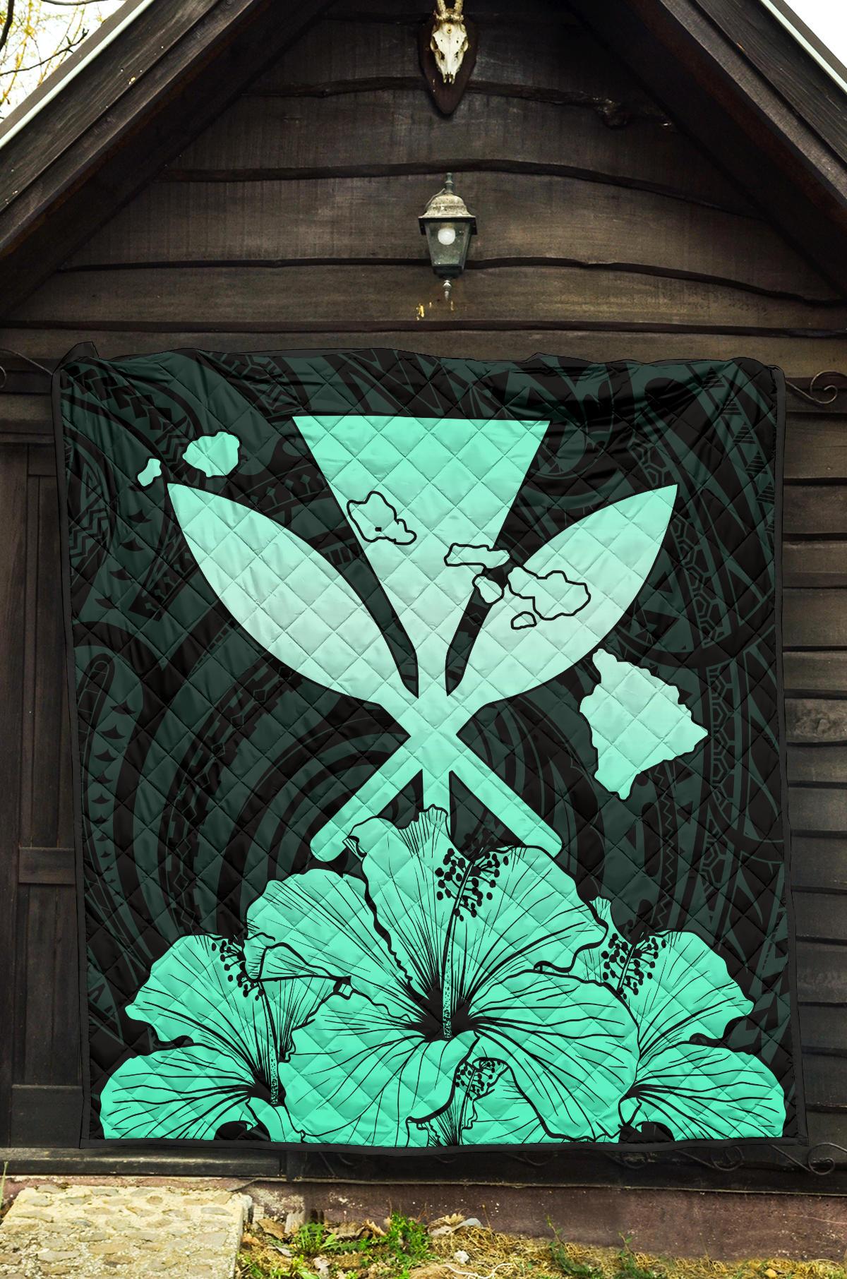 Hawaiian Kanaka Premium Quilt Hibiscus Polynesian Love Turquoise - Polynesian Pride