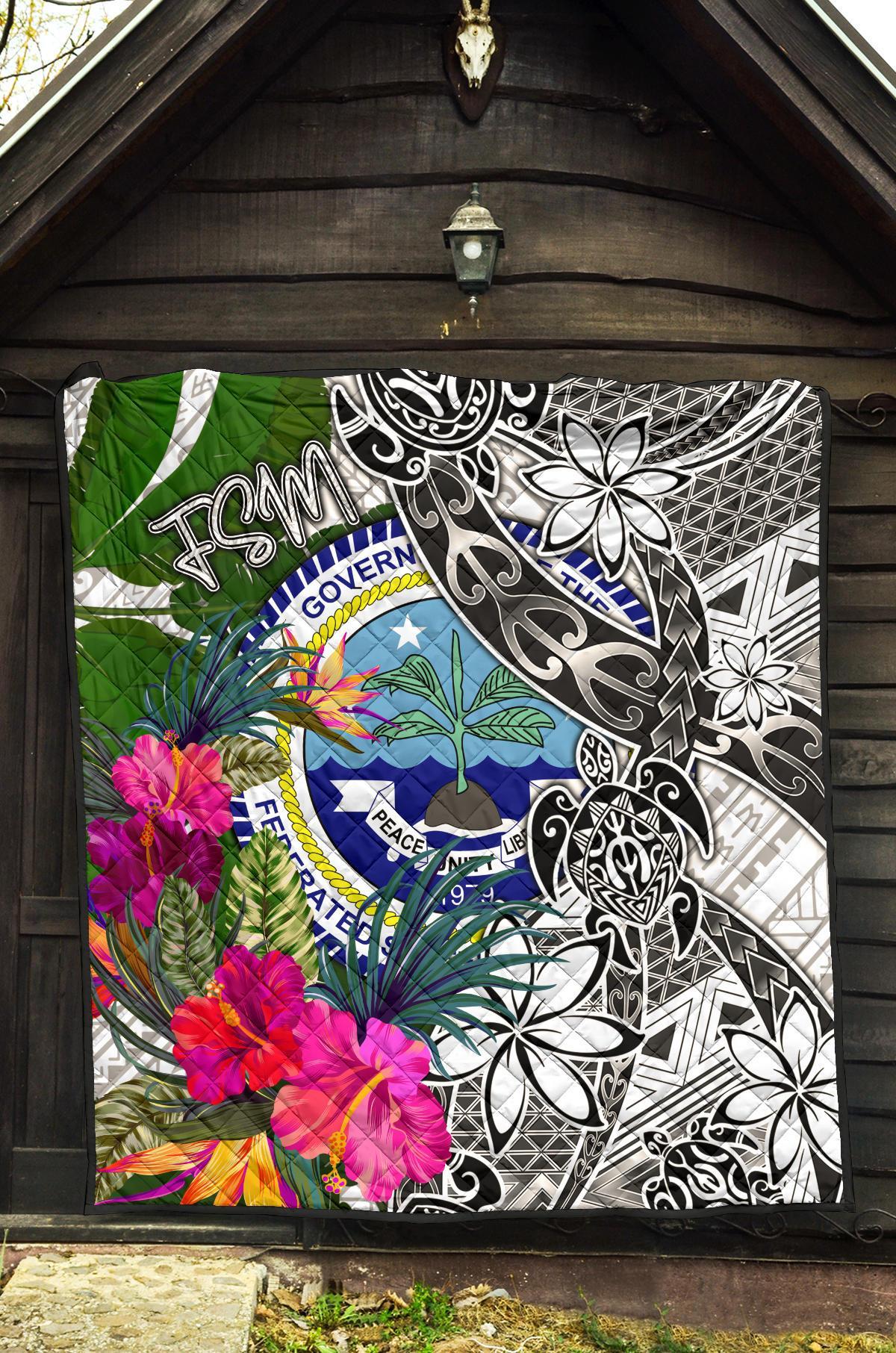 Federated States of Micronesia Premium Quilt White - Turtle Plumeria Banana Leaf - Polynesian Pride