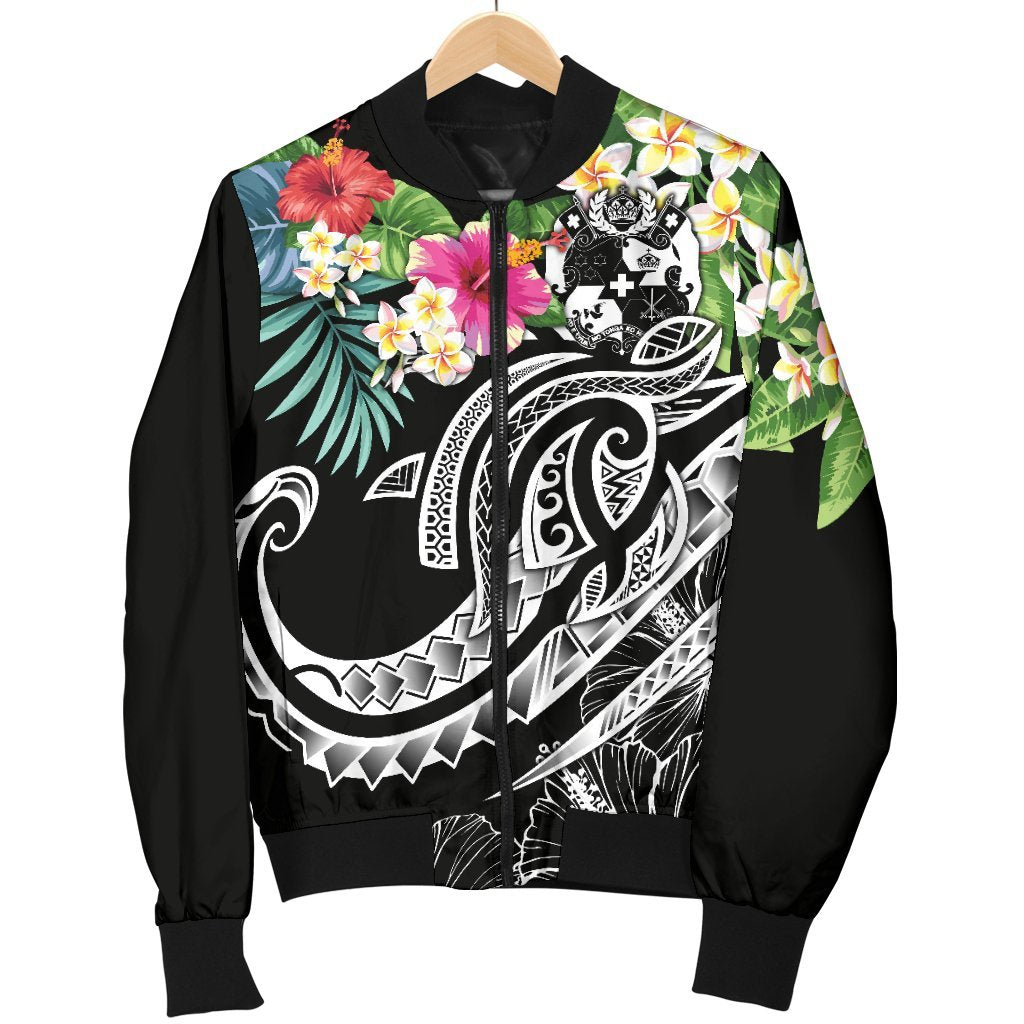 Tonga Polynesian Men's Bomber Jacket - Summer Plumeria (Black) - Polynesian Pride