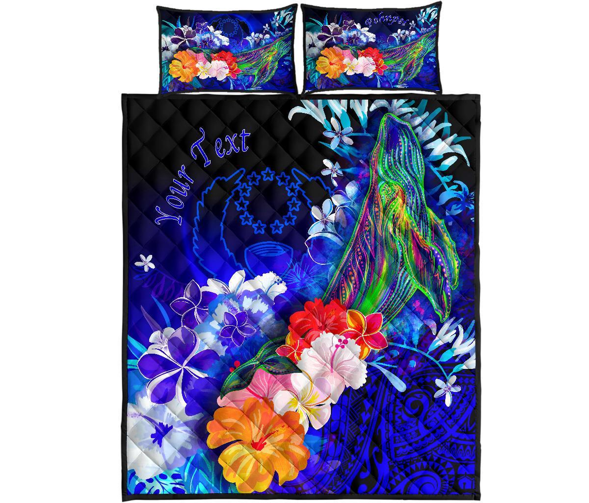 Pohnpei Custom Personalised Quilt Bed Set - Humpback Whale with Tropical Flowers (Blue) - Polynesian Pride