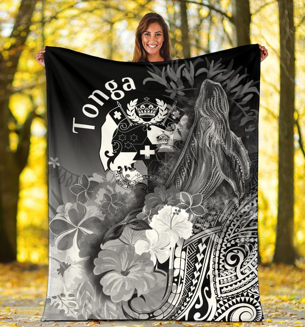 Tonga Premium Blanket - Humpback Whale with Tropical Flowers (White) - Polynesian Pride