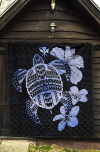 Hawaiian Kanaka Hibiscus Plumeria Mix Polynesian Turtle Premium Quilt Blue AH - Polynesian Pride