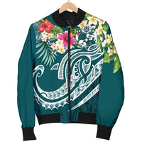 Tonga Polynesian Men's Bomber Jacket - Summer Plumeria (Turquoise) - Polynesian Pride