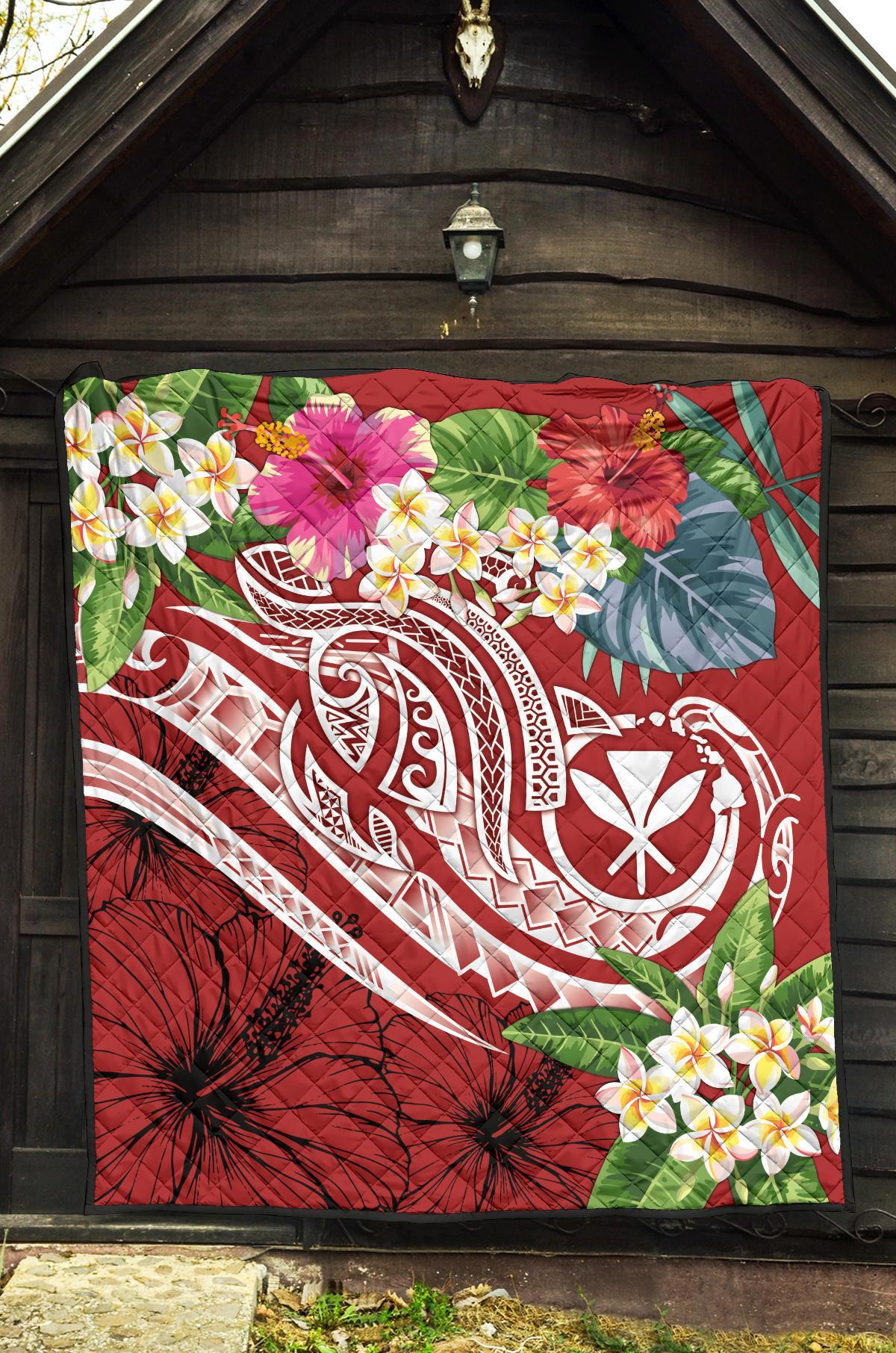 Polynesian Hawaii Kanaka Maoli Premium Quilt - Summer Plumeria (Red) - Polynesian Pride