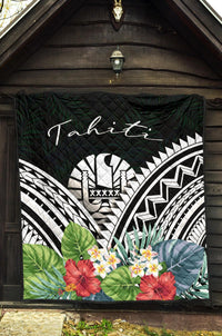 Tahiti Premium Quilt - Tahiti Coat of Arms & Polynesian Tropical Flowers White - Polynesian Pride