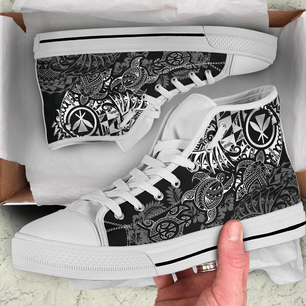 Polynesian Hawaii (Kanaka Maoli) High Top Shoes - White Hibiscus Turtle Flowing - Polynesian Pride