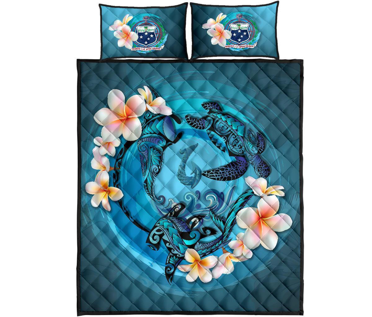 Samoa Polynesian Quilt Bed Set - Blue Plumeria Animal Tattoo - Polynesian Pride