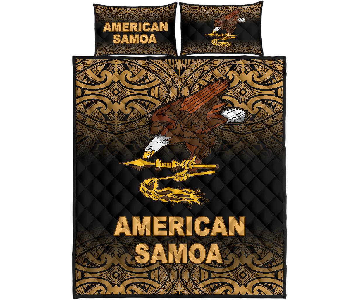 American Samoa Quilt Bed Set - American Samoa Flag Polynesian Tattoo Black Frog Yellow - Polynesian Pride