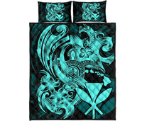 Hawaii Polynesian Quilt Bed Set - Blue Kanaka Maoli Tentacle Plumeria - Polynesian Pride