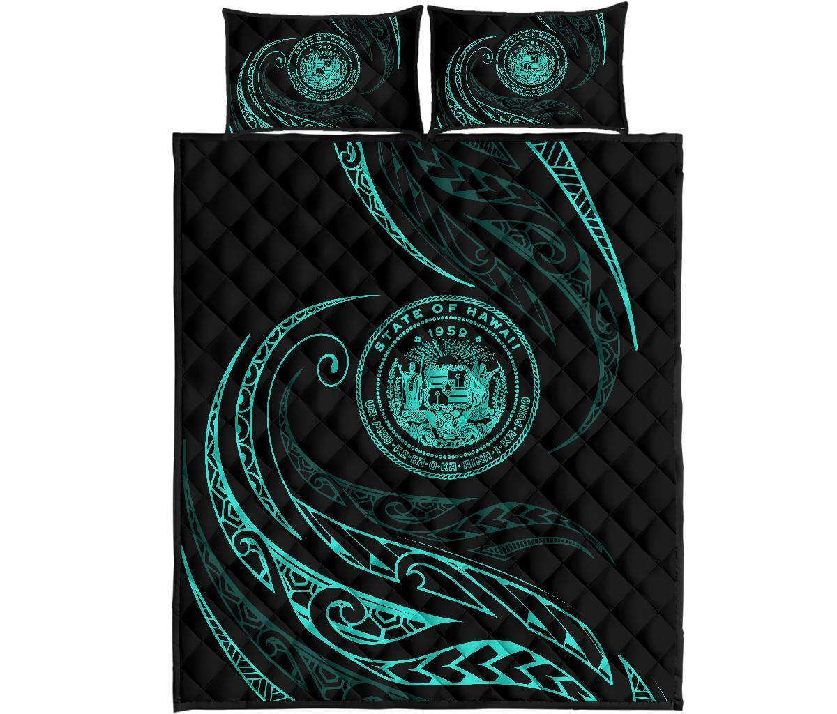 Hawaii Coat Of Arms Quilt Bed Set - Turquoise - Frida Style Black - Polynesian Pride